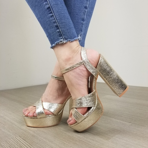 Metallic Gold Open Toe Platform Heels- BB - Picture 5 of 8